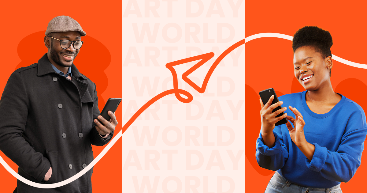A smiling man and woman using their smartphones to send and receive money globally, featuring a stylized paper plane graphic connecting them over a "World Art Day" themed background.