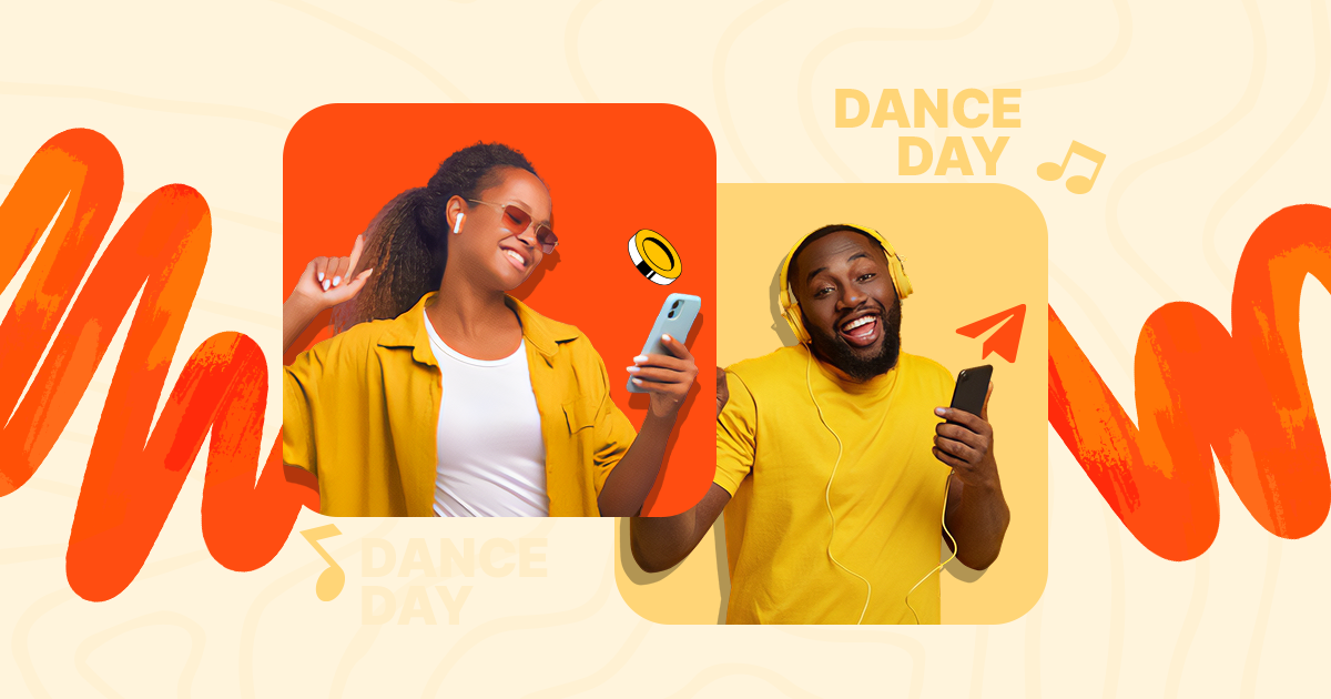 Man and woman dancing joyfully to music on phones in colorful frames for International Dance Day.