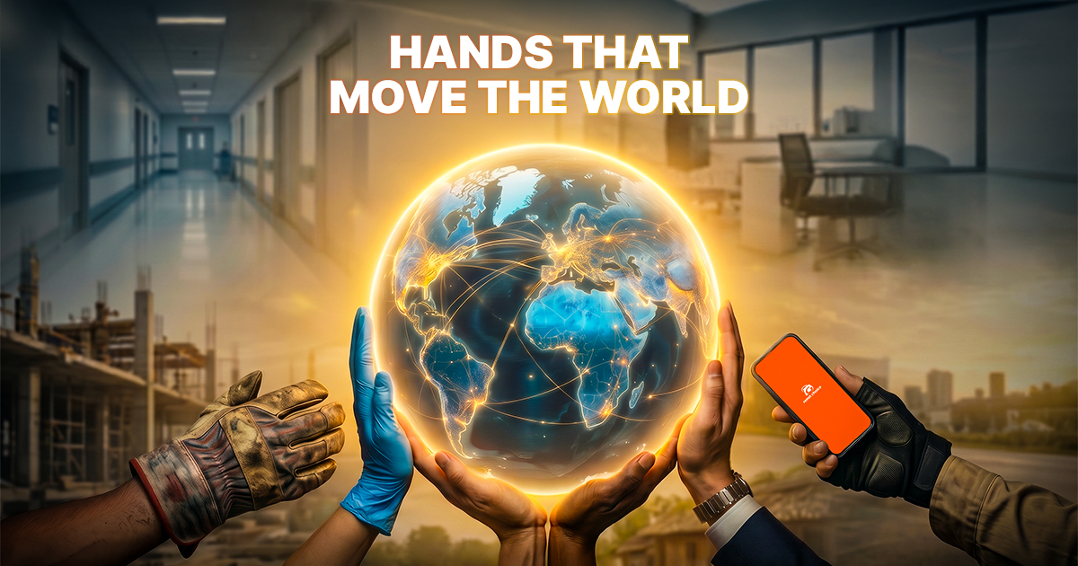 Global workers' hands holding a glowing earth with a smartphone showing the Remit Choice app for Labour Day 2026.