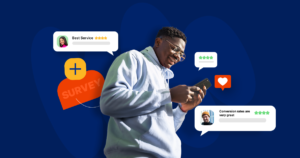 A man using a smartphone against a blue background with floating 5-star review bubbles and a "Survey" icon, representing consumer feedback for money transfer services.