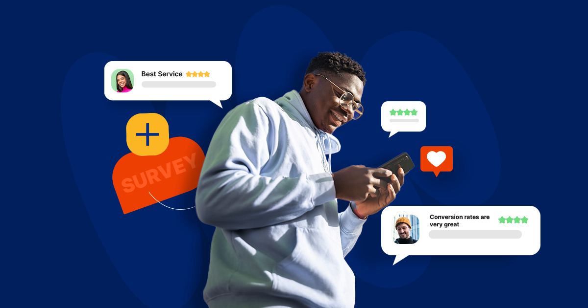 A man using a smartphone against a blue background with floating 5-star review bubbles and a "Survey" icon, representing consumer feedback for money transfer services.