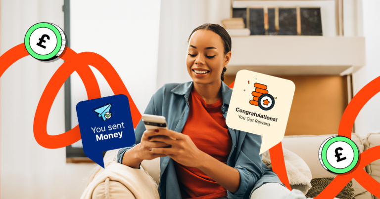 A woman smiling while using her smartphone to manage a rebate system, featuring graphics for "You Sent Money" and "Congratulations! You Got Reward" with British Pound currency icons.