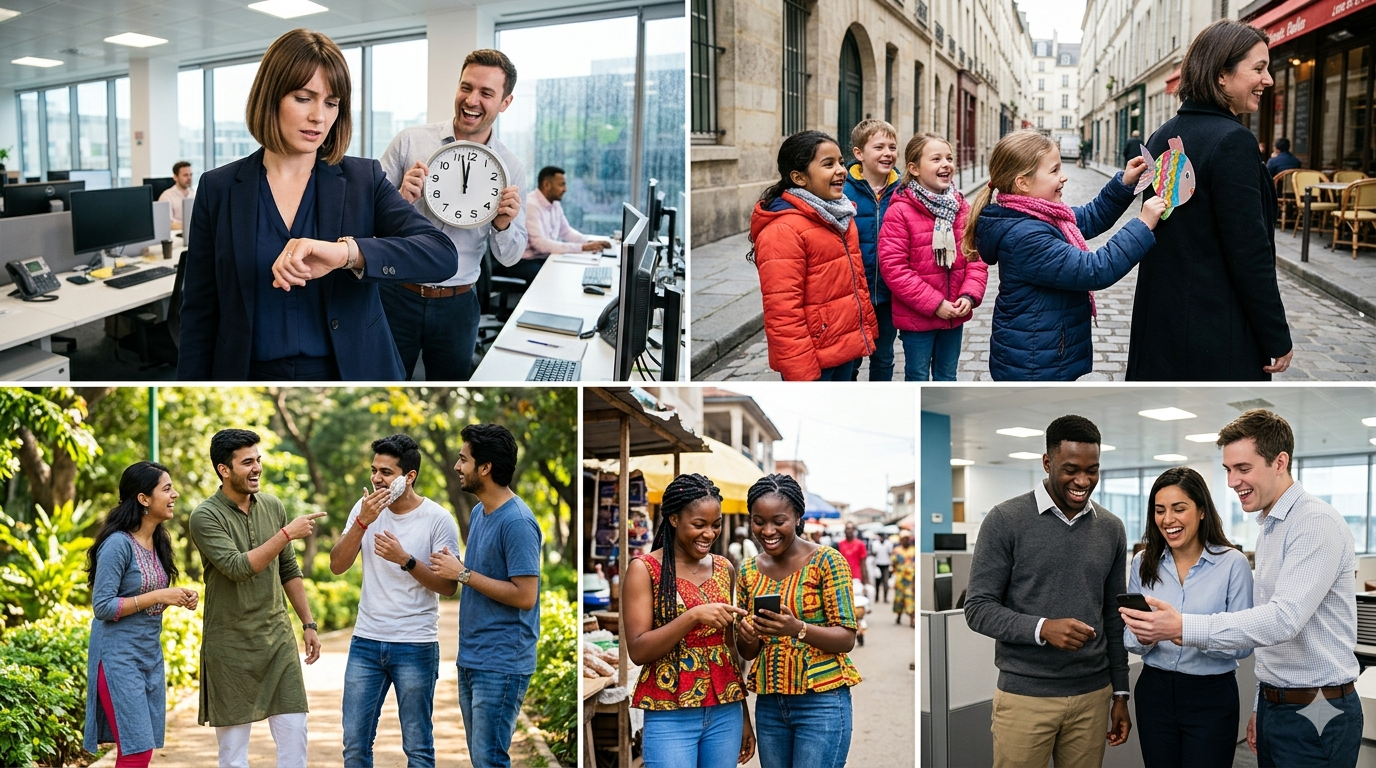 Diverse scenes of global April Fools' Day celebrations: office pranks, paper fish traditions, and digital humor.