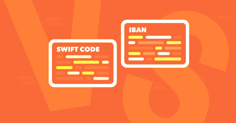 Illustration featuring two stylized cards labeled “SWIFT CODE” and “IBAN” on an orange background, representing international banking and money transfer information.