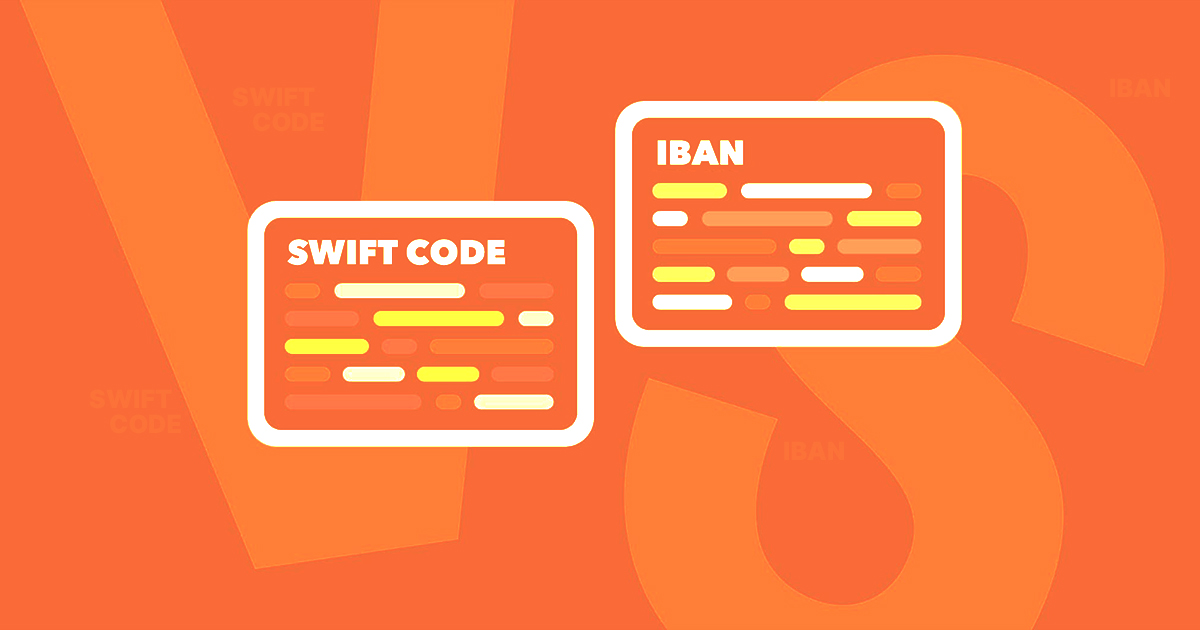 Illustration featuring two stylized cards labeled “SWIFT CODE” and “IBAN” on an orange background, representing international banking and money transfer information.
