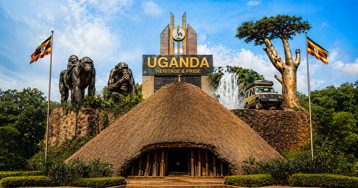 A digital collage celebrating Ugandan heritage under a blue sky, featuring a traditional thatched-roof building in the foreground, a monument reading "UGANDA HERITAGE & PRIDE," gorilla sculptures, a waterfall, a safari vehicle, a baobab tree, and two Ugandan flags.