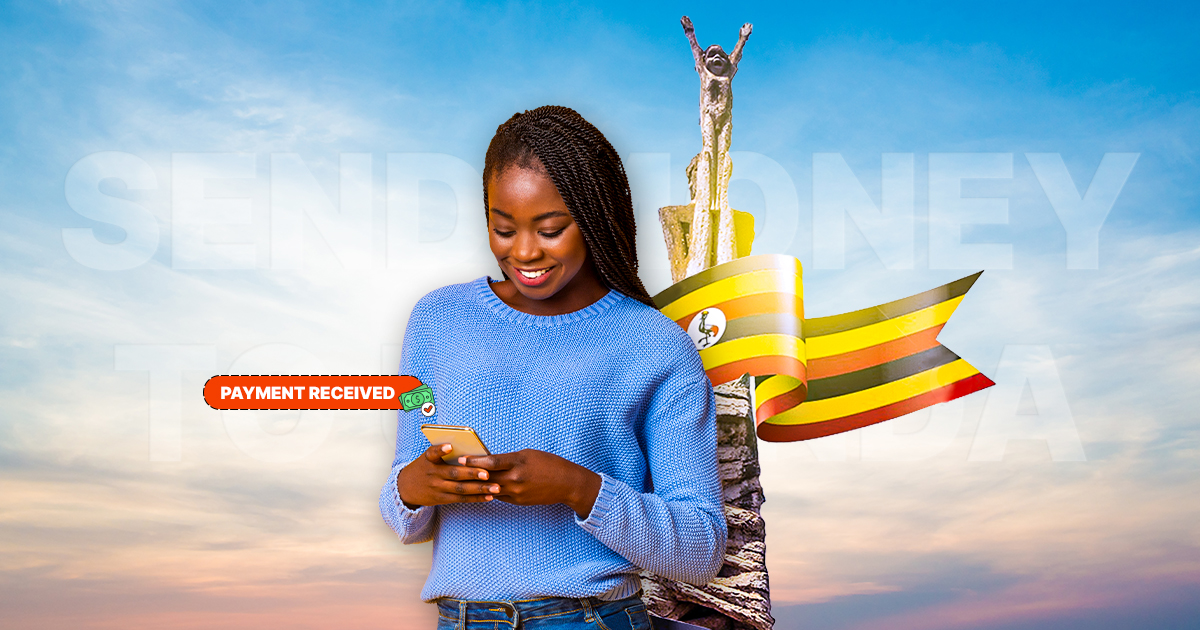 A smiling woman looks at her phone displaying a "PAYMENT RECEIVED" notification, set against a background featuring a faded "SEND MONEY TO UGANDA" text overlay, a Ugandan flag ribbon, and a national monument.