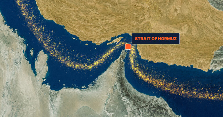 Illustration of the Strait of Hormuz and its impact on expat family budgets through rising fuel and living costs.