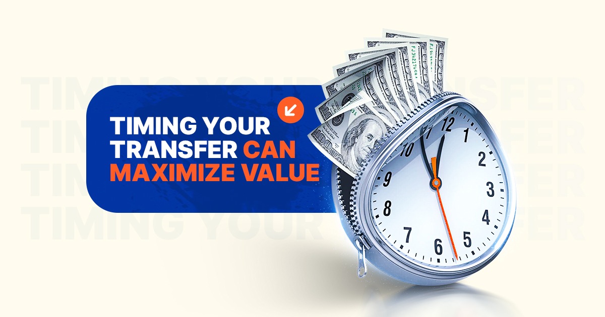 Graphic illustrating the best time to transfer for the day, featuring a blue banner with the text "Timing your transfer can maximize value" next to a clock zipped open with US dollar bills inside.