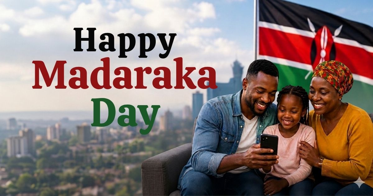 A smiling Black family—a father, mother, and young daughter—sitting together on a couch looking at a smartphone, with a vibrant Kenyan flag waving in the background against a Nairobi city skyline. On the left, the text reads "Happy Madaraka Day" in black, red, and green lettering.