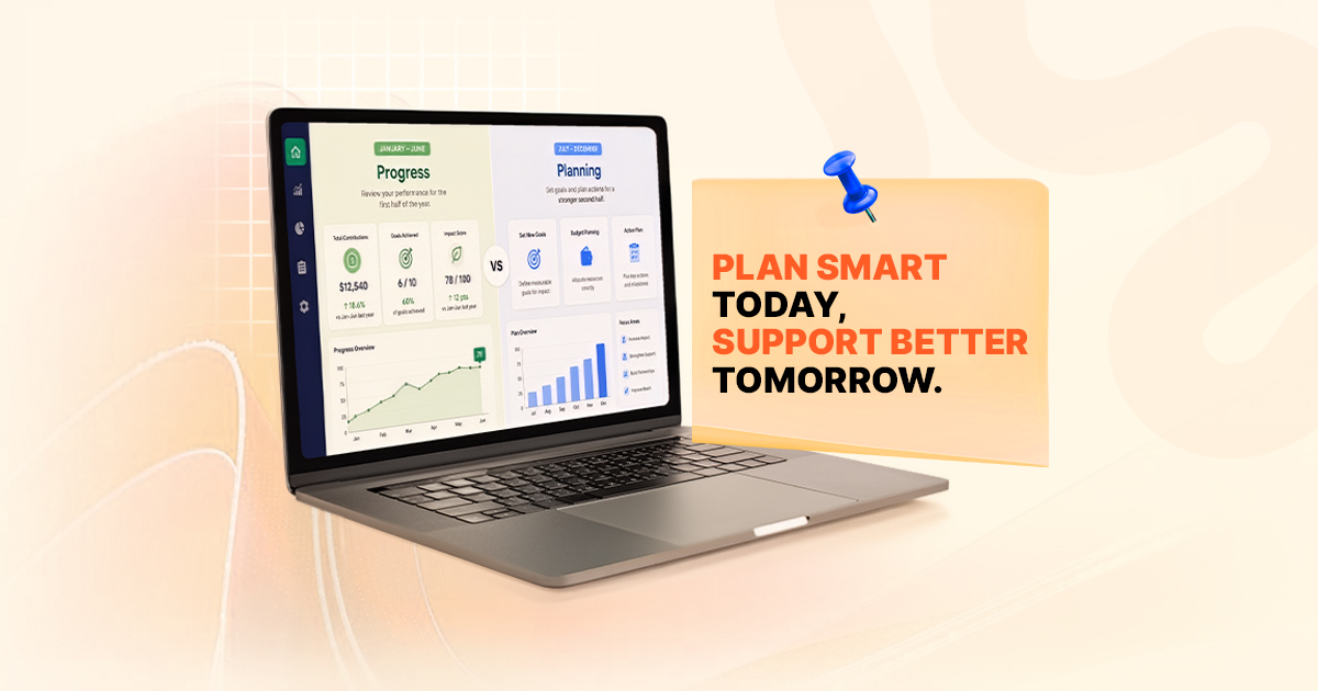 Mid-year financial planning for expats dashboard displayed on a laptop with the message "Plan Smart Today, Support Better Tomorrow.