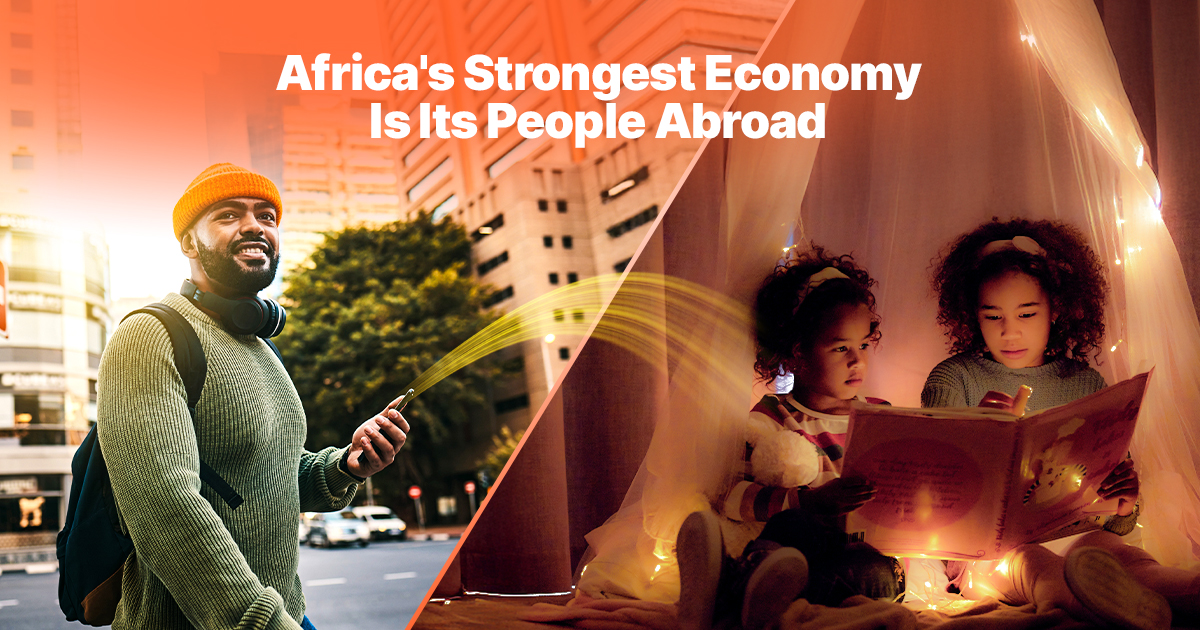 Graphic illustrating Remittance Trends in Africa 2026, showing a split-screen of a diaspora man on a city street sending a digital signal from his phone to two young girls reading in a lit play tent, with text reading: "Africa's Strongest Economy Is Its People Abroad."