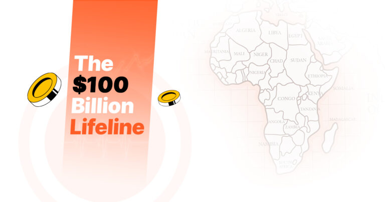 Infographic on Remittance Trends in Africa 2026, featuring a light map outline of Africa alongside a bold orange stripe with the text "The $100 Billion Lifeline" and floating yellow coins.