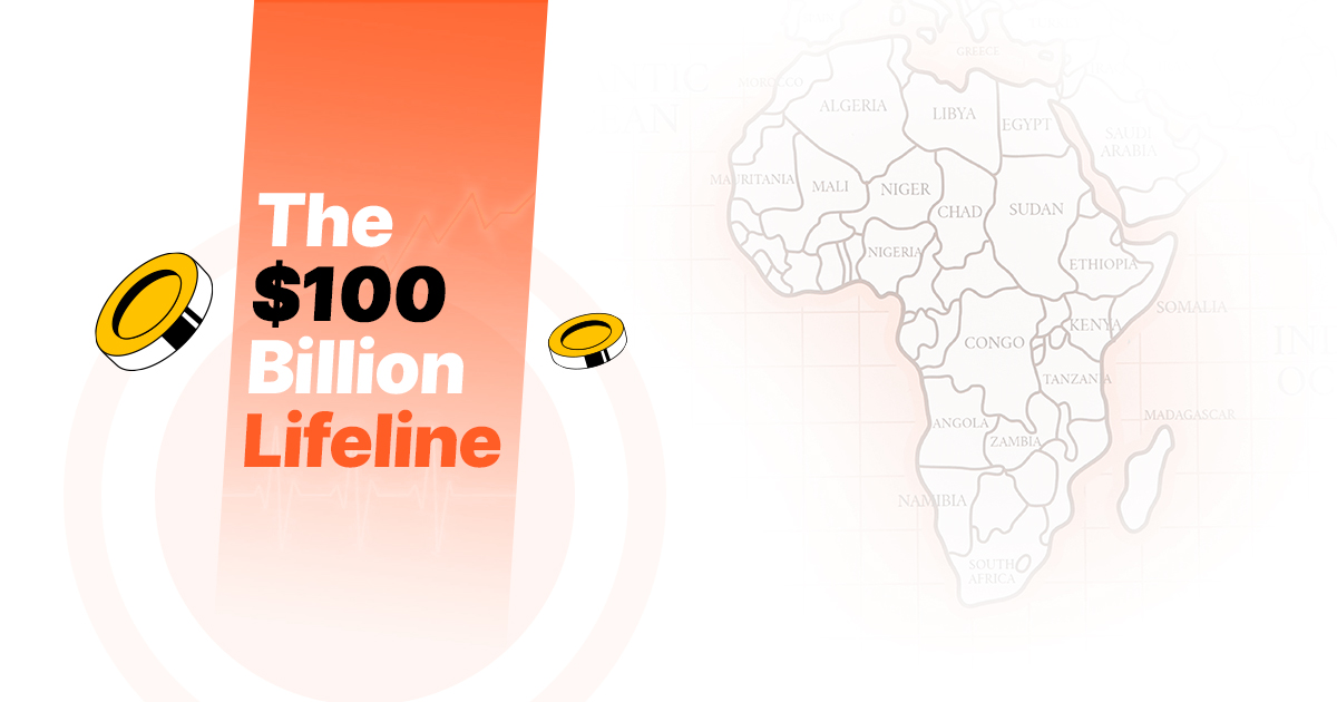 Infographic on Remittance Trends in Africa 2026, featuring a light map outline of Africa alongside a bold orange stripe with the text "The $100 Billion Lifeline" and floating yellow coins.