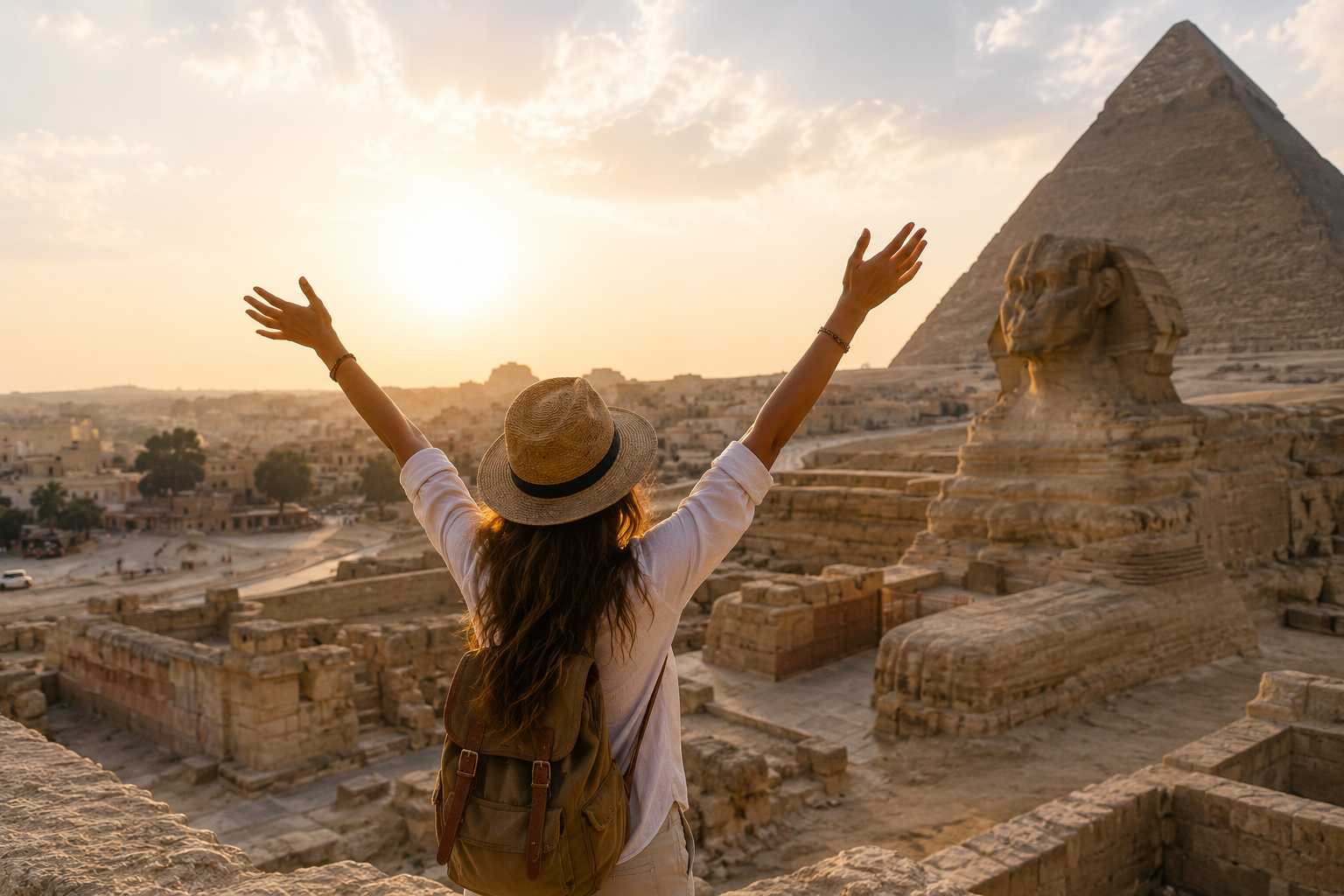 Traveler exploring Egypt’s ancient pyramids and temples on a tour to Egypt, capturing desert landscapes and iconic cultural landmarks.