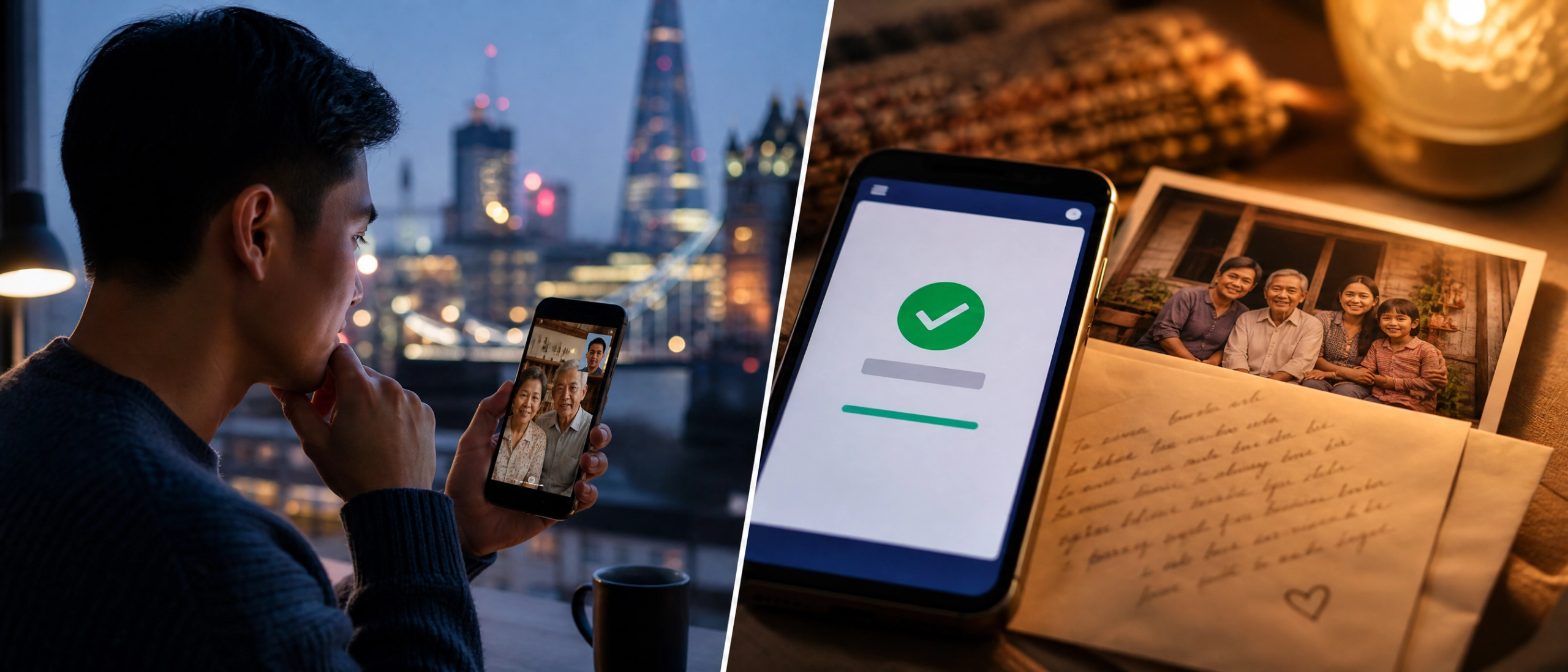 Man video calling home while sending money, illustrating the emotional and financial family responsibility abroad.