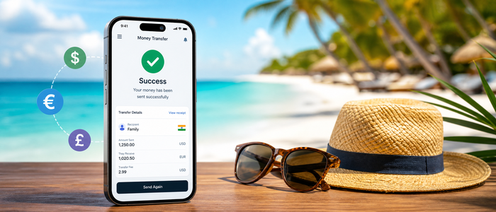 A mobile showing a successful money transfer on a sunny tropical beach background, illustrating Summer Support Transfers for families during the peak season.