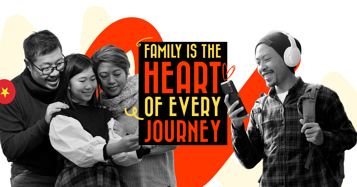 Graphic for Vietnam Family Day featuring a black-and-white photo of a smiling family looking at a phone on the left, and a young man with a backpack and headphones looking at his phone on the right. In the center, text reads "Family is the heart of every journey" against a bright red and yellow backdrop with a Vietnamese star emblem.