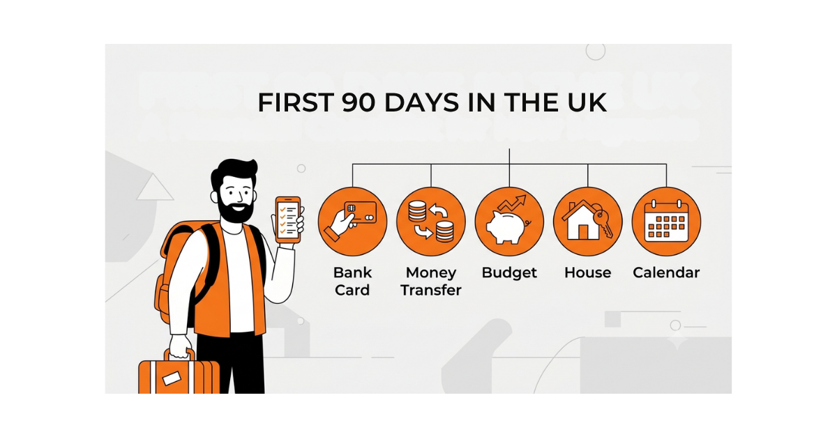 Illustration of a new migrant in the UK holding a financial checklist with icons for a bank card, money transfer, budgeting, housing, and a calendar, representing the first 90 days in the UK.