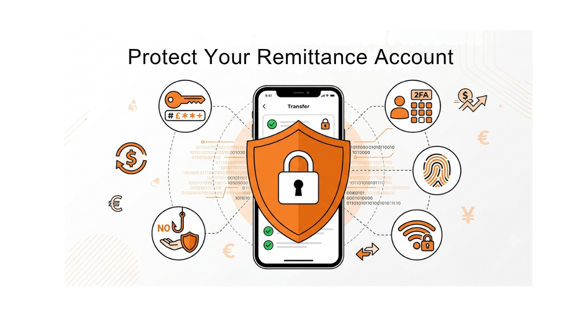 Illustration of a smartphone protected by a security shield, highlighting remittance account security with strong passwords, two-factor authentication, phishing protection, fingerprint login, and secure Wi-Fi for safe money transfers.