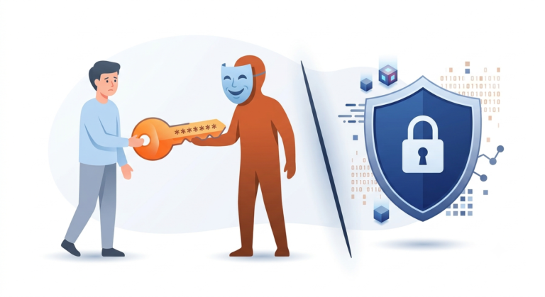 Illustration of a scammer tricking a person into handing over a password key, highlighting social engineering scams and the importance of cybersecurity.