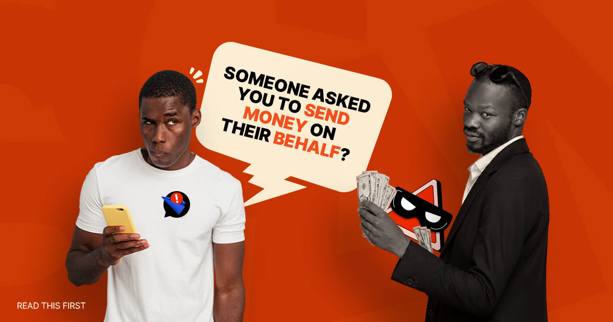 An educational graphic warning against a money mule scam, featuring a man looking suspiciously at his phone while another man offers him cash.