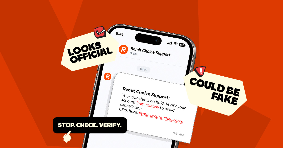 A smartphone displaying a phishing message from a fake Remit Choice Support account, warning users against fake customer support scams with badges reading "Looks Official" and "Could Be Fake.