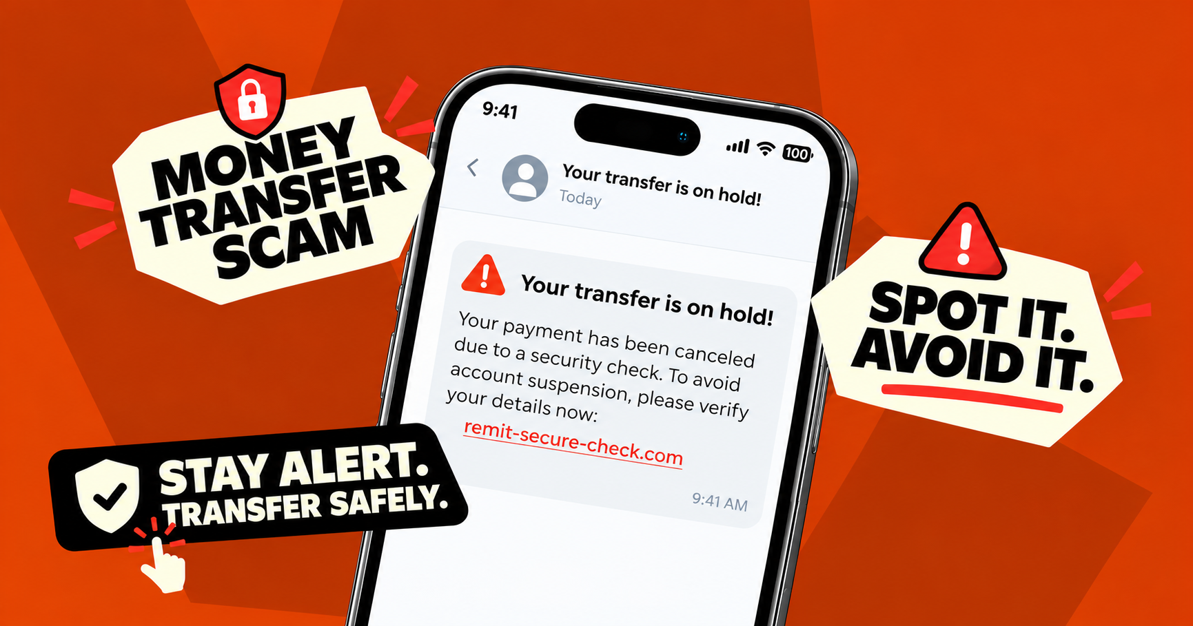 Money transfer scam warning showing a smartphone with a fake transfer-on-hold message and tips to spot fraudulent messages.