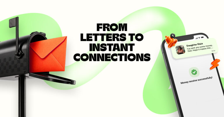 World Post Day creative showing a traditional mailbox and letter transforming into an instant digital money transfer connection through a smartphone.
