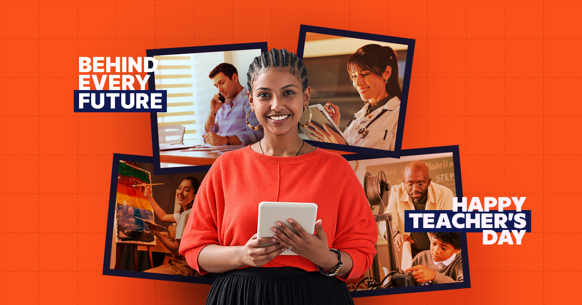 World Teachers' Day banner featuring a smiling woman holding a tablet in front of pictures of different professionals, with text reading "Behind Every Future, Happy Teacher's Day.