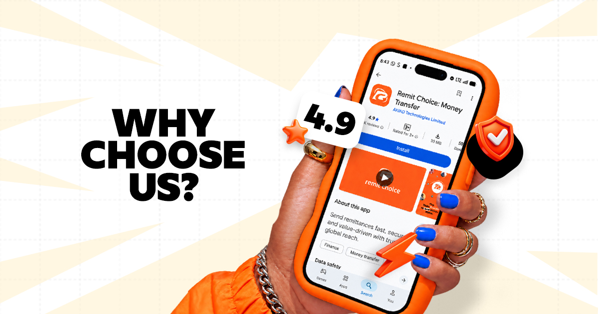 Send money with Remit Choice using a secure, highly rated money transfer app, featuring a 4.9-star rating.