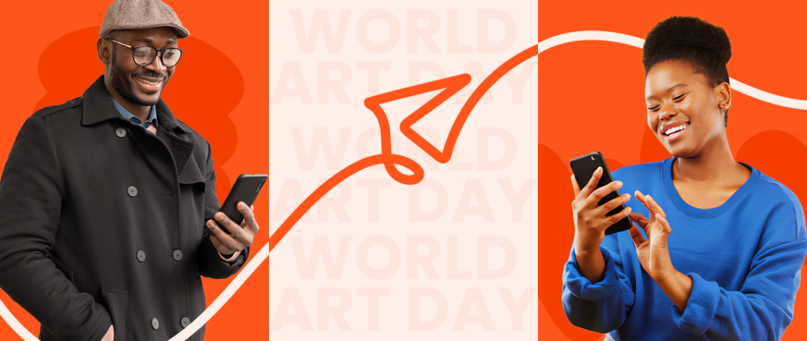 A smiling man and woman using their smartphones to send and receive money globally, featuring a stylized paper plane graphic connecting them over a "World Art Day" themed background.