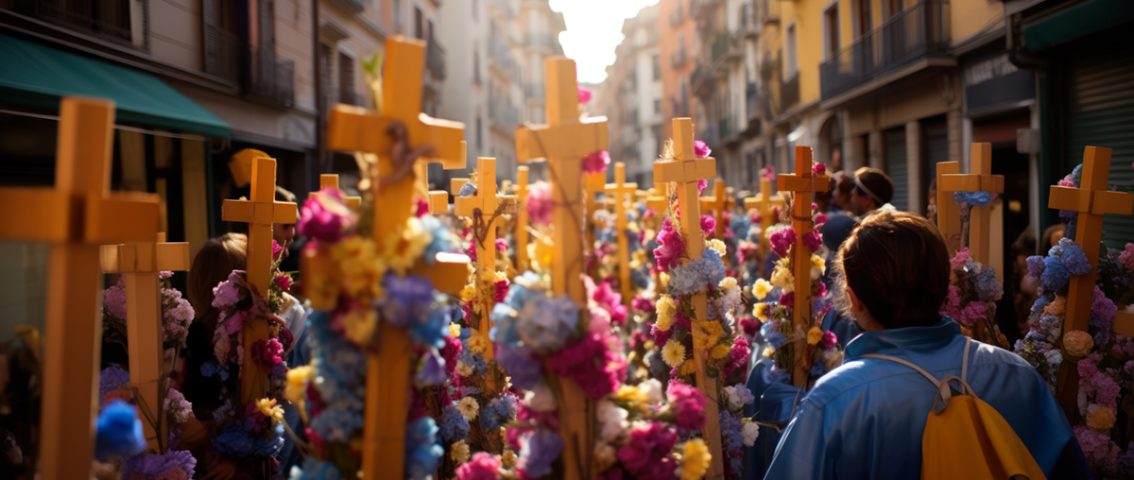 A vibrant street procession featuring many wooden crosses decorated with colorful spring flowers, symbolizing Easter traditions and community renewal.