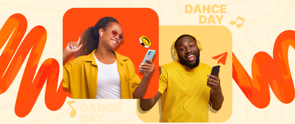 Man and woman dancing joyfully to music on phones in colorful frames for International Dance Day.