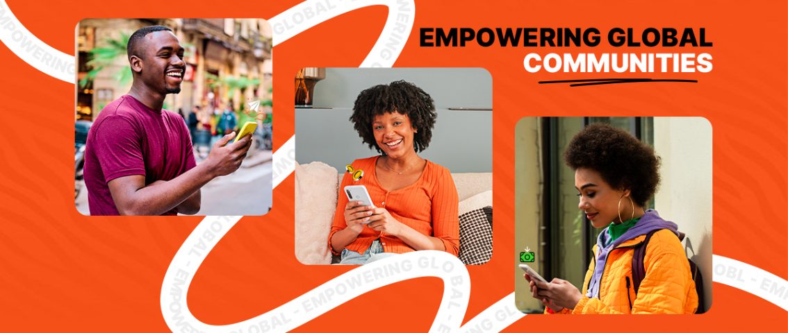 An orange blog banner featuring the headline "EMPOWERING GLOBAL COMMUNITIES." Three images show smiling individuals using smartphones to send and receive digital money transfers, connected by a looping white background ribbon.