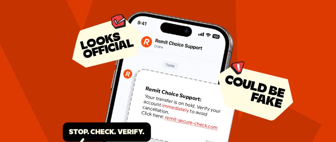 A smartphone displaying a phishing message from a fake Remit Choice Support account, warning users against fake customer support scams with badges reading "Looks Official" and "Could Be Fake.