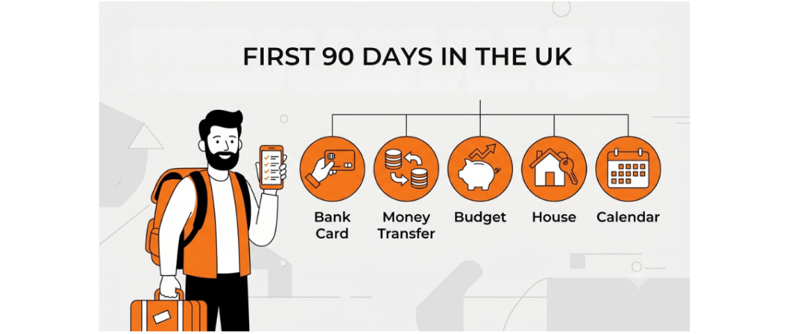 Illustration of a new migrant in the UK holding a financial checklist with icons for a bank card, money transfer, budgeting, housing, and a calendar, representing the first 90 days in the UK.