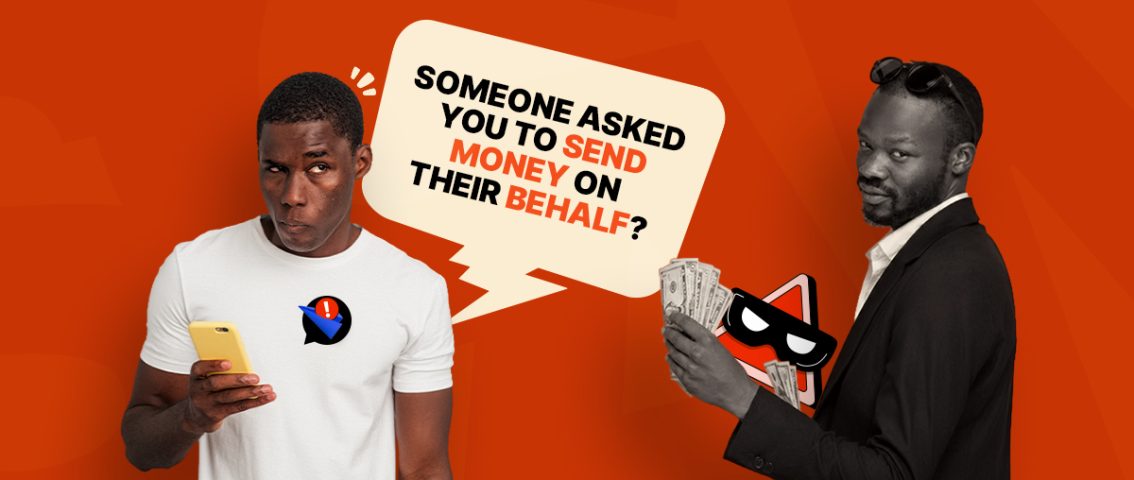 An educational graphic warning against a money mule scam, featuring a man looking suspiciously at his phone while another man offers him cash.