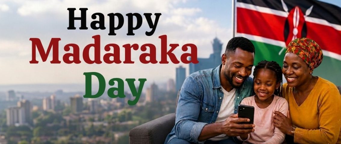 A smiling Black family—a father, mother, and young daughter—sitting together on a couch looking at a smartphone, with a vibrant Kenyan flag waving in the background against a Nairobi city skyline. On the left, the text reads "Happy Madaraka Day" in black, red, and green lettering.