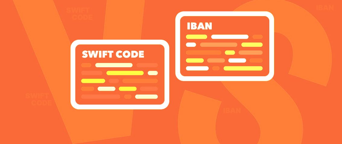 Illustration featuring two stylized cards labeled “SWIFT CODE” and “IBAN” on an orange background, representing international banking and money transfer information.