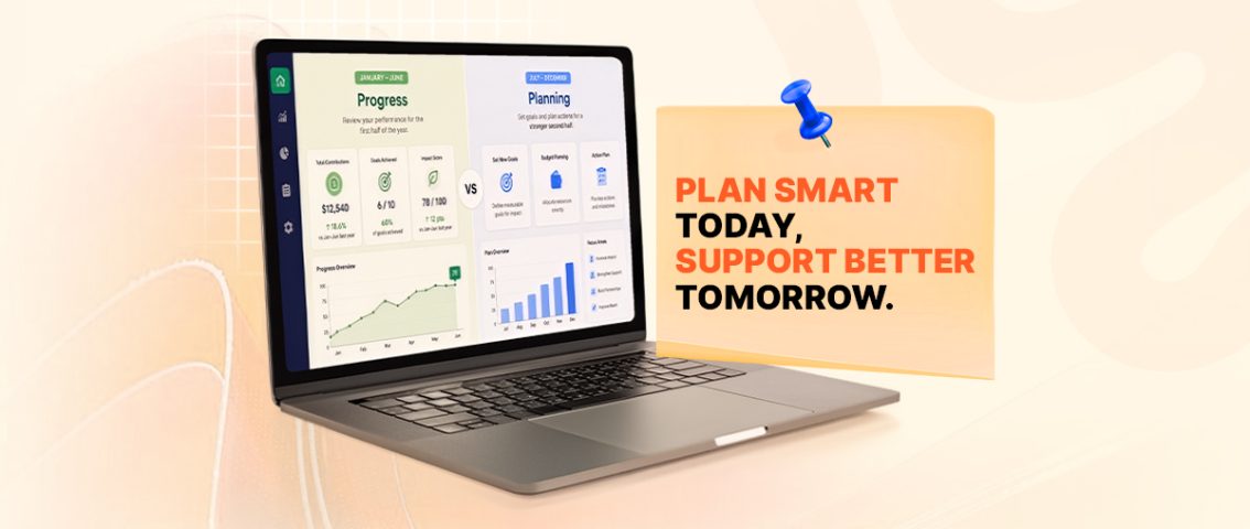 Mid-year financial planning for expats dashboard displayed on a laptop with the message "Plan Smart Today, Support Better Tomorrow.