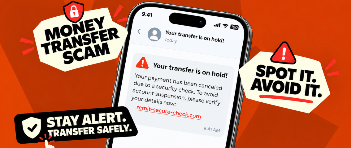 Money transfer scam warning showing a smartphone with a fake transfer-on-hold message and tips to spot fraudulent messages.