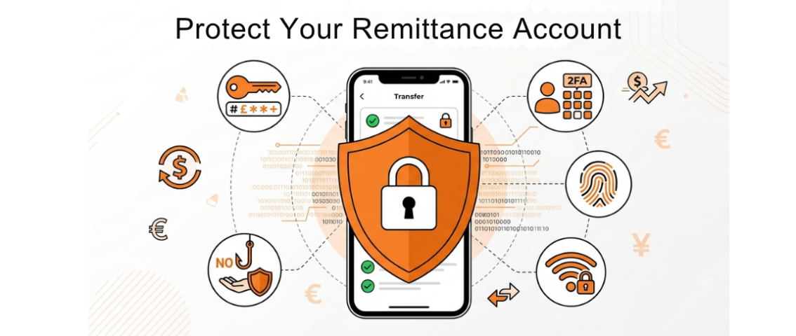 Illustration of a smartphone protected by a security shield, highlighting remittance account security with strong passwords, two-factor authentication, phishing protection, fingerprint login, and secure Wi-Fi for safe money transfers.