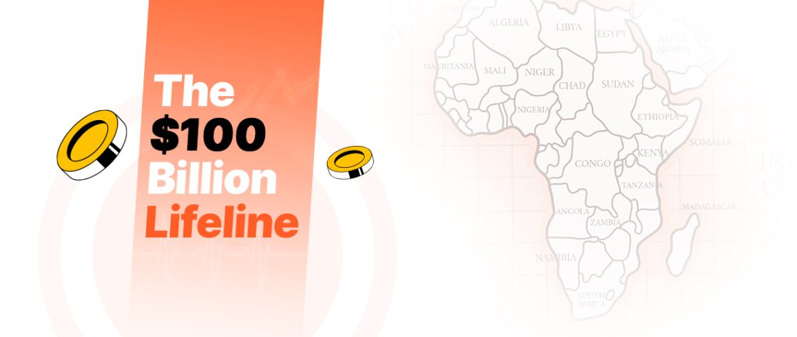 Infographic on Remittance Trends in Africa 2026, featuring a light map outline of Africa alongside a bold orange stripe with the text "The $100 Billion Lifeline" and floating yellow coins.