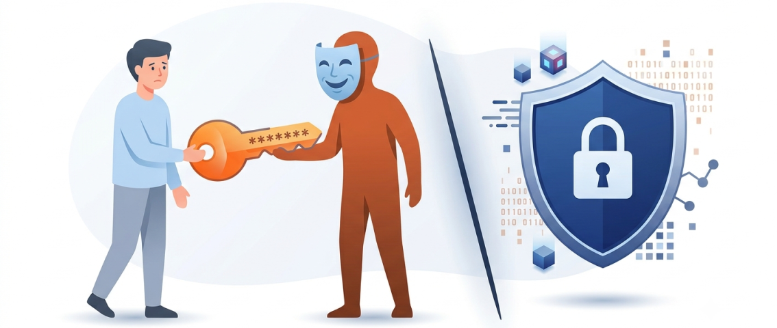 Illustration of a scammer tricking a person into handing over a password key, highlighting social engineering scams and the importance of cybersecurity.