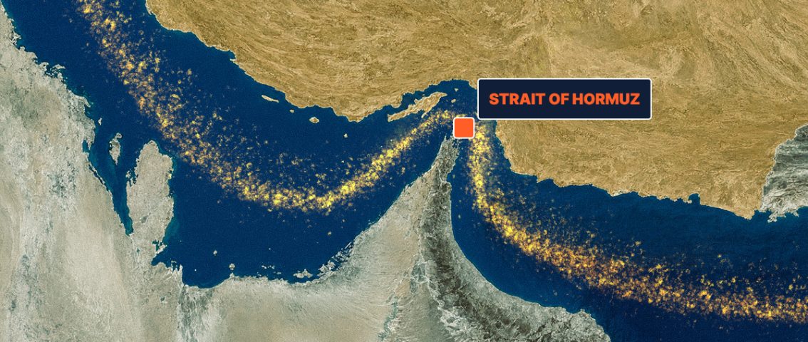 Illustration of the Strait of Hormuz and its impact on expat family budgets through rising fuel and living costs.