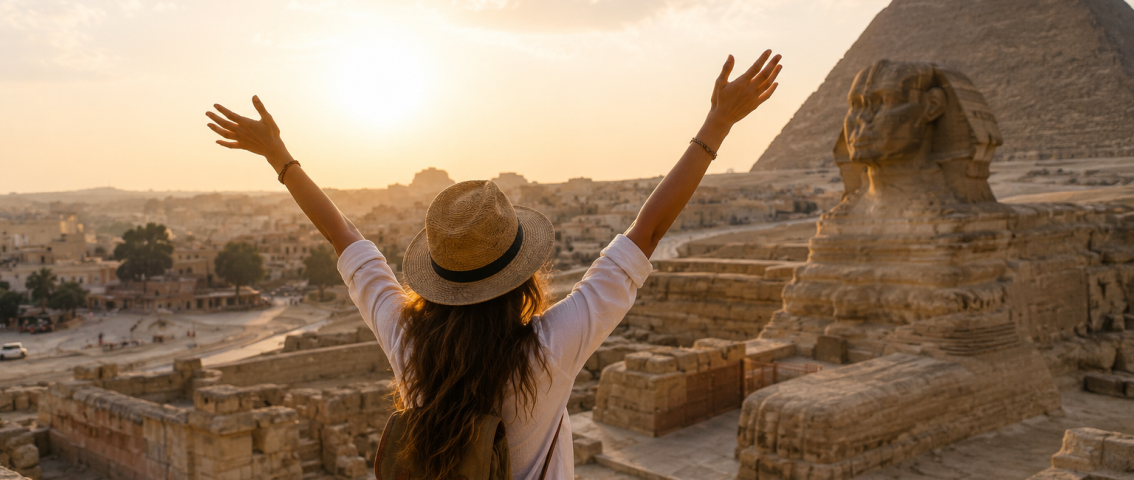 Traveler exploring Egypt’s ancient pyramids and temples on a tour to Egypt, capturing desert landscapes and iconic cultural landmarks.