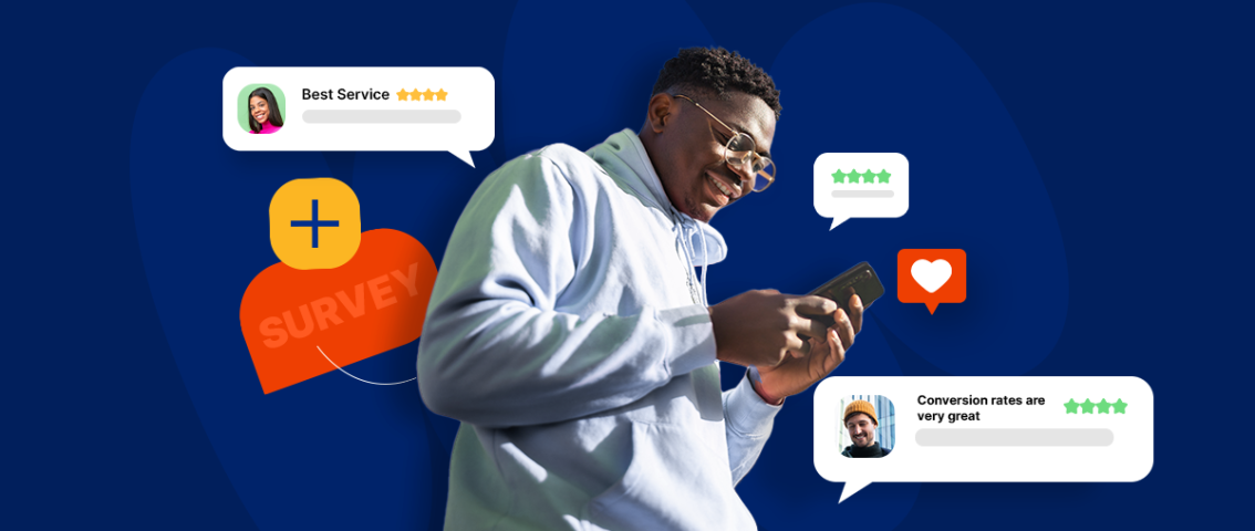 A man using a smartphone against a blue background with floating 5-star review bubbles and a "Survey" icon, representing consumer feedback for money transfer services.