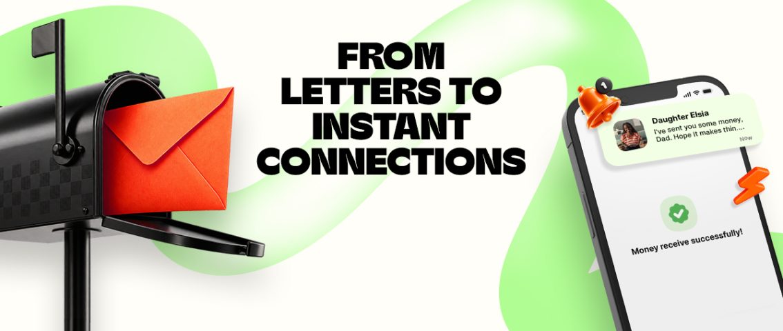 World Post Day creative showing a traditional mailbox and letter transforming into an instant digital money transfer connection through a smartphone.