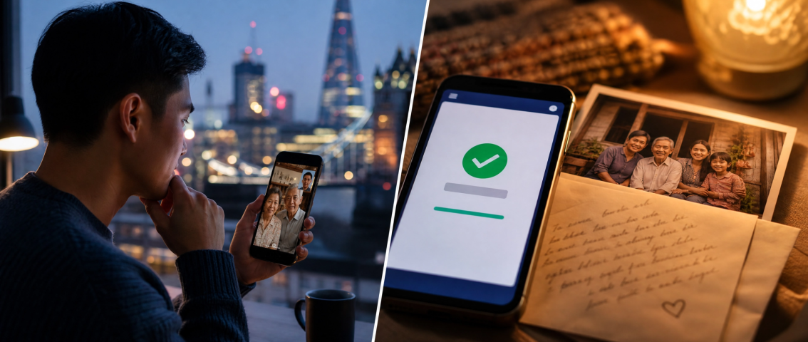Man video calling home while sending money, illustrating the emotional and financial family responsibility abroad.